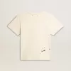 T-shirt da donna in cotone bianco invecchiato con stampa e ricamo