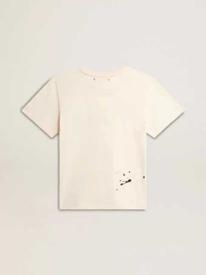T-shirt da donna in cotone bianco invecchiato con stampa e ricamo