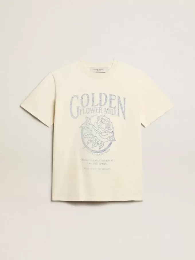T-shirt da donna in cotone bianco invecchiato con stampa stagionale T-shirt da donna in cotone bianco invecchiato con stampa stagionale