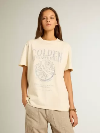 T-shirt da donna in cotone bianco invecchiato con stampa stagionale T-shirt da donna in cotone bianco invecchiato con stampa stagionale