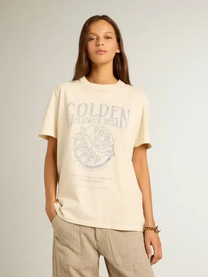 T-shirt da donna in cotone bianco invecchiato con stampa stagionale T-shirt da donna in cotone bianco invecchiato con stampa stagionale