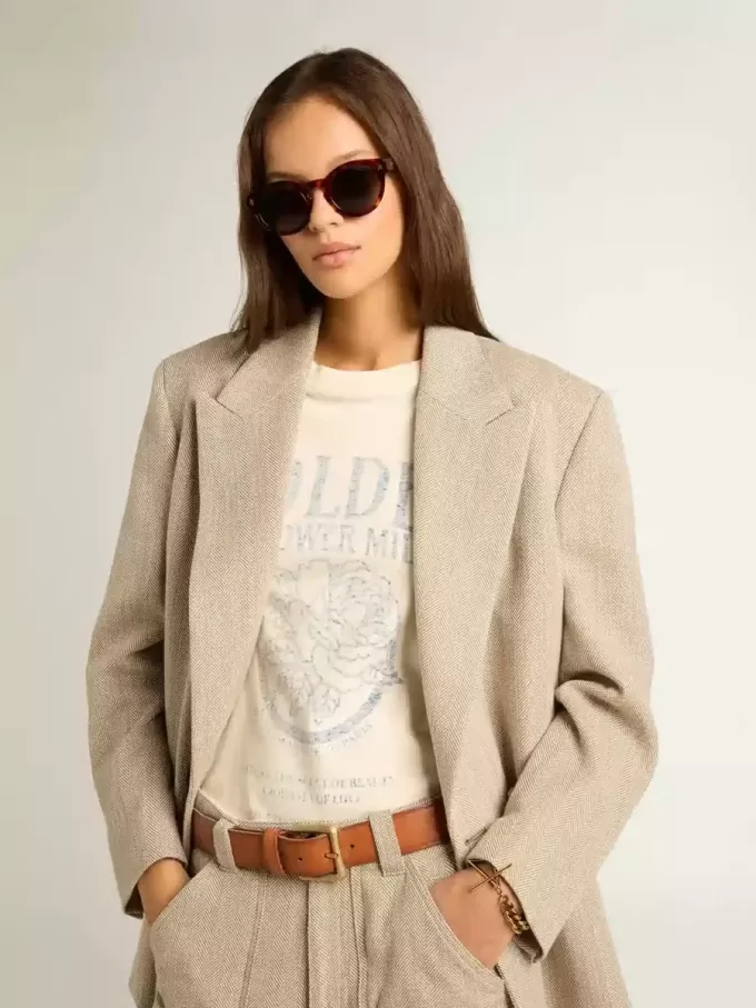 T-shirt da donna in cotone bianco invecchiato con stampa stagionale T-shirt da donna in cotone bianco invecchiato con stampa stagionale
