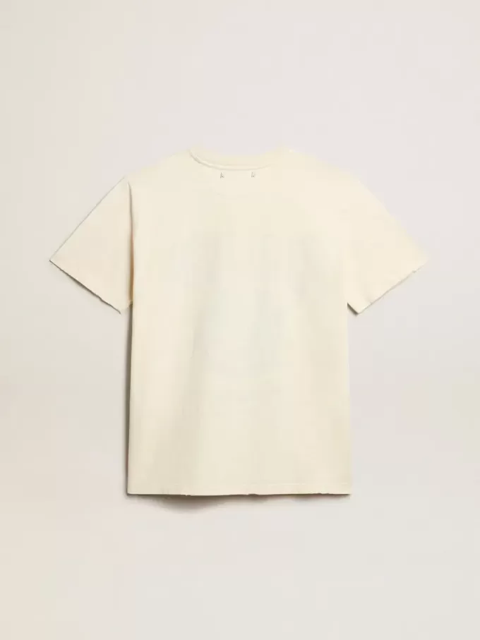 T-shirt da donna in cotone bianco invecchiato con stampa stagionale T-shirt da donna in cotone bianco invecchiato con stampa stagionale