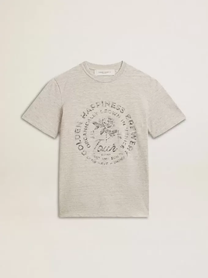 T-shirt da donna in cotone grigio melange con stampa stagionale T-shirt da donna in cotone grigio melange con stampa stagionale