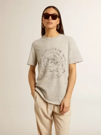 T-shirt da donna in cotone grigio melange con stampa stagionale