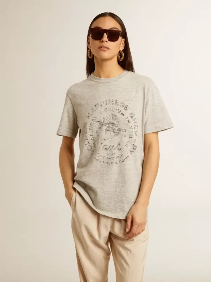 T-shirt da donna in cotone grigio melange con stampa stagionale T-shirt da donna in cotone grigio melange con stampa stagionale