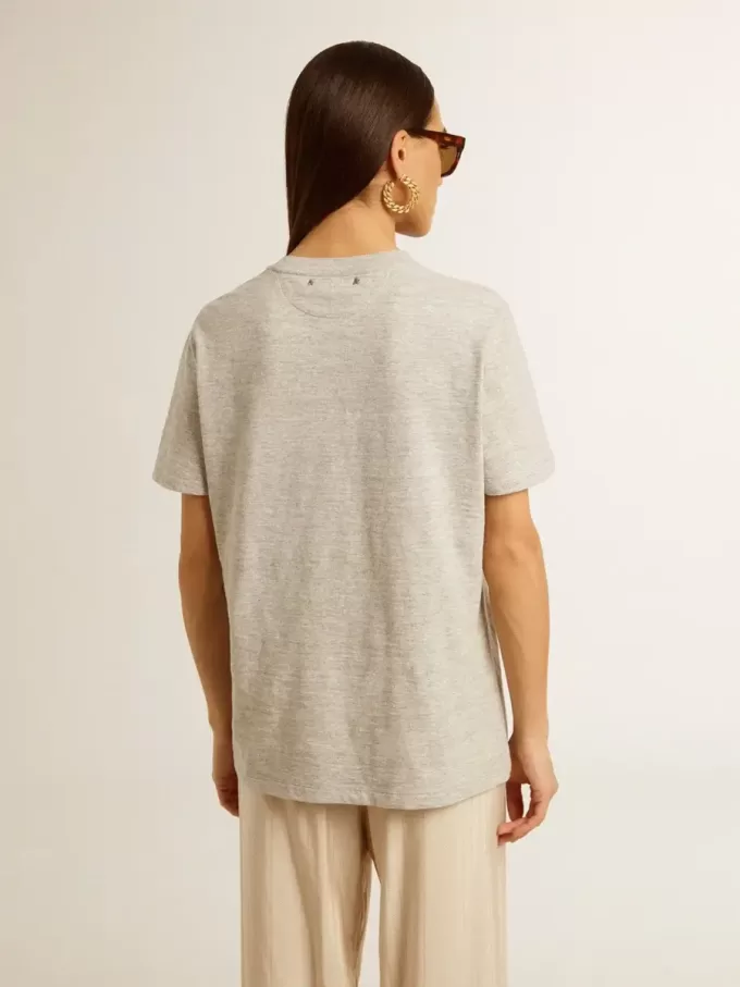 T-shirt da donna in cotone grigio melange con stampa stagionale T-shirt da donna in cotone grigio melange con stampa stagionale