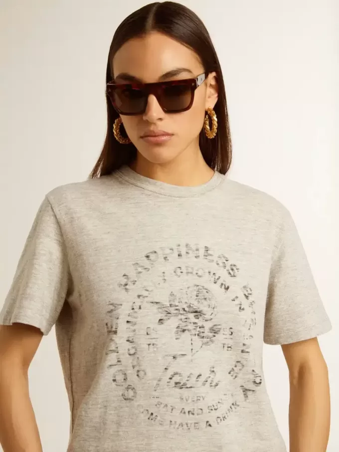 T-shirt da donna in cotone grigio melange con stampa stagionale T-shirt da donna in cotone grigio melange con stampa stagionale