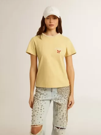 T-shirt da donna in jersey di cotone con ricamo sul collo e sul cuore