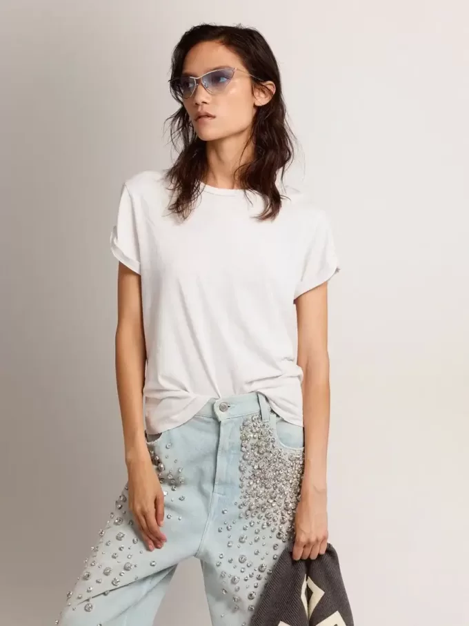 T-shirt da donna regular fit effetto consumato in bianco T-shirt da donna regular fit effetto consumato in bianco