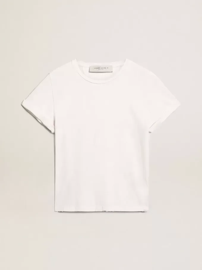 T-shirt da donna slim fit effetto consumato in bianco