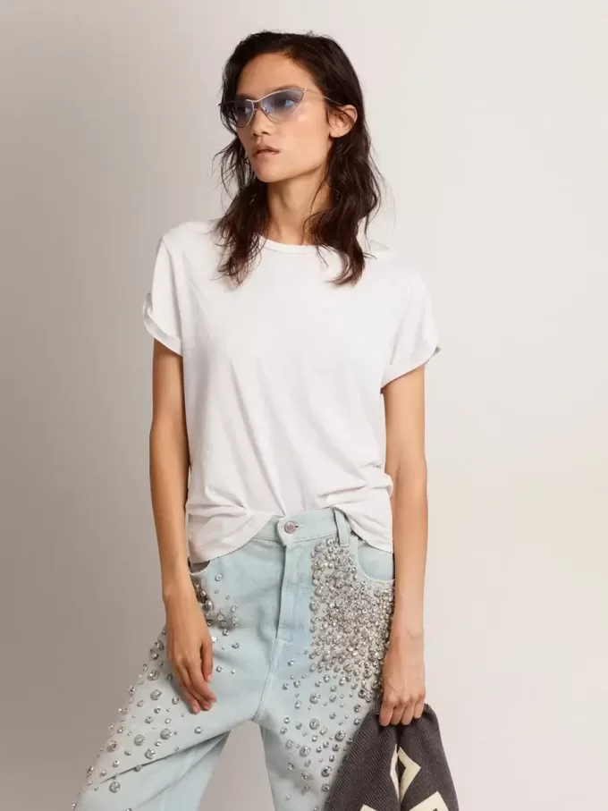 T-shirt da donna slim fit effetto consumato in bianco