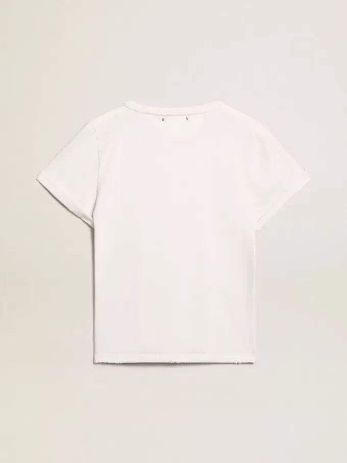 T-shirt da donna slim fit effetto consumato in bianco