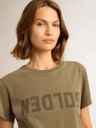 T-shirt da donna verde oliva con scritta dorata