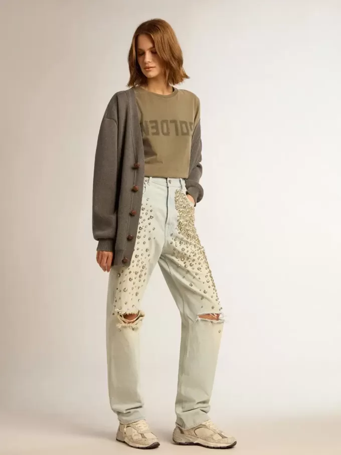 T-shirt da donna verde oliva con scritta dorata T-shirt da donna verde oliva con scritta dorata