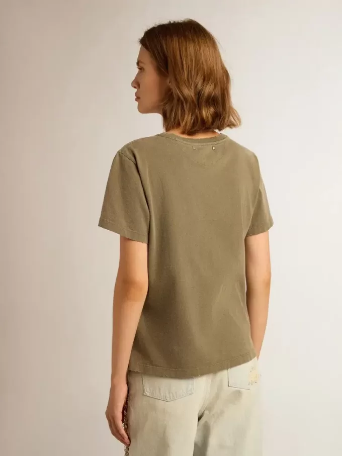 T-shirt da donna verde oliva con scritta dorata T-shirt da donna verde oliva con scritta dorata