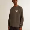 T-shirt da uomo a maniche lunghe in cotone grigio antracite con logo sul retro