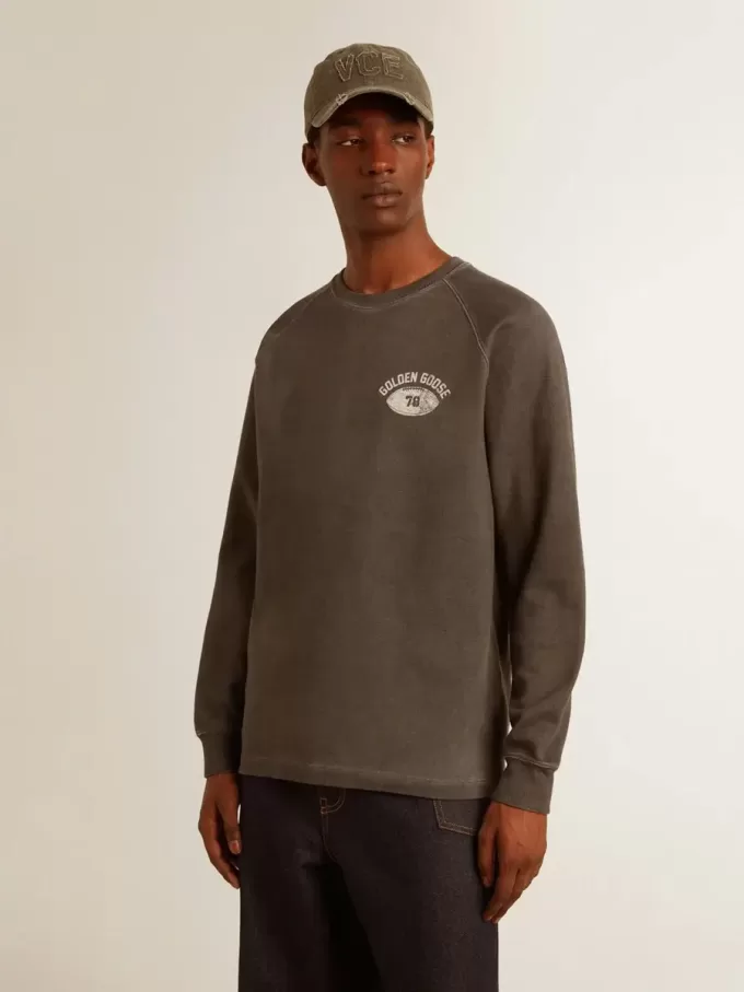 T-shirt da uomo a maniche lunghe in cotone grigio antracite con logo sul retro