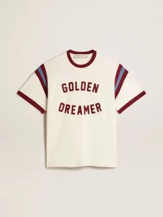 T-shirt da uomo bianca con scritta bordeaux sul davanti