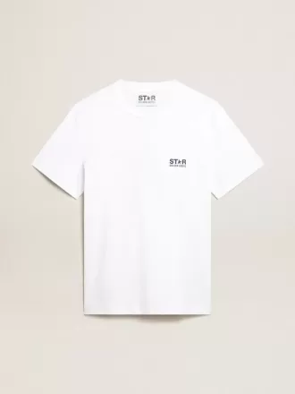 T-shirt da uomo bianca con stella blu scuro sul retro