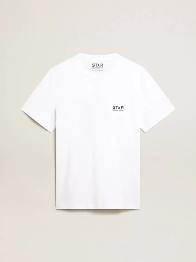 T-shirt da uomo bianca con stella blu scuro sul retro