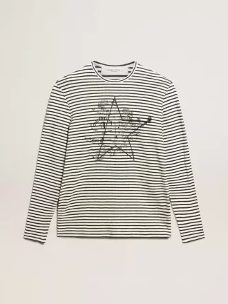 T-shirt da uomo con strisce bianche e blu e ricamo sul davanti T-shirt da uomo con strisce bianche e blu e ricamo sul davanti