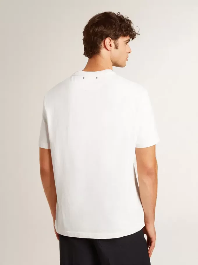 T-shirt da uomo in cotone bianco consumato con scritte nere T-shirt da uomo in cotone bianco consumato con scritte nere