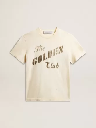 T-shirt da uomo in cotone bianco invecchiato con stampa dorata T-shirt da uomo in cotone bianco invecchiato con stampa dorata