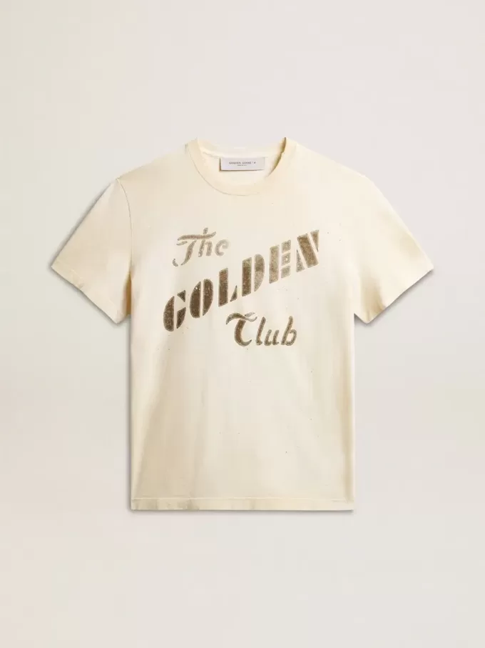 T-shirt da uomo in cotone bianco invecchiato con stampa dorata T-shirt da uomo in cotone bianco invecchiato con stampa dorata