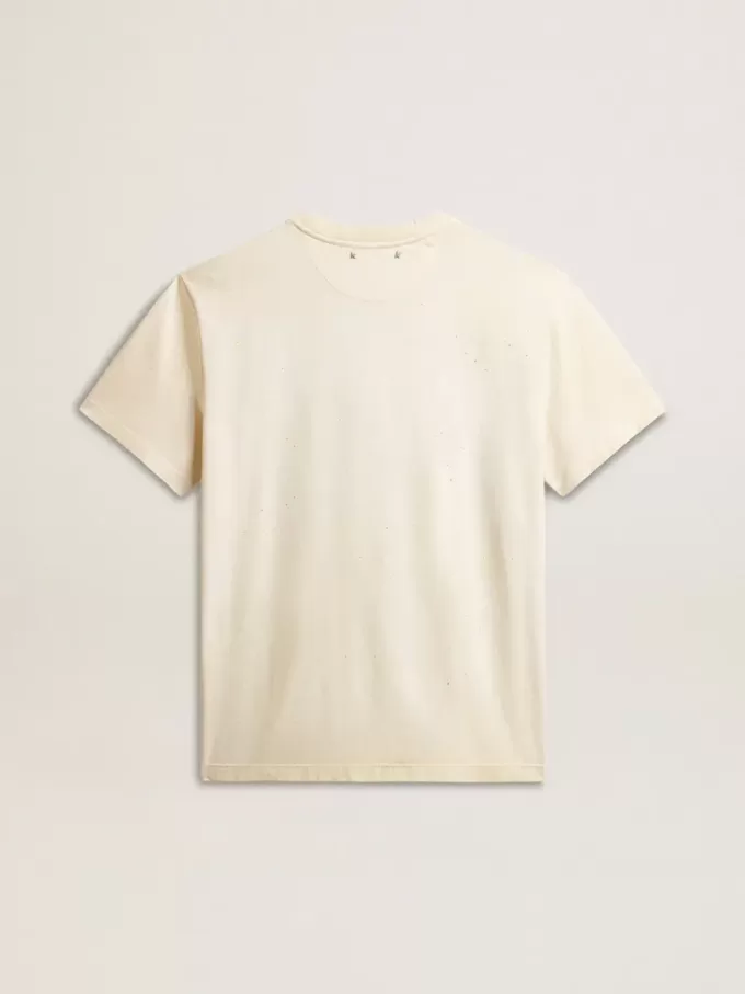 T-shirt da uomo in cotone bianco invecchiato con stampa dorata T-shirt da uomo in cotone bianco invecchiato con stampa dorata