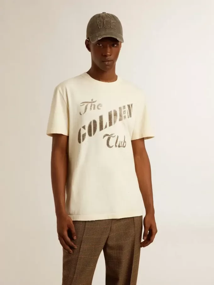 T-shirt da uomo in cotone bianco invecchiato con stampa dorata T-shirt da uomo in cotone bianco invecchiato con stampa dorata
