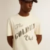 T-shirt da uomo in cotone bianco invecchiato con stampa dorata T-shirt da uomo in cotone bianco invecchiato con stampa dorata