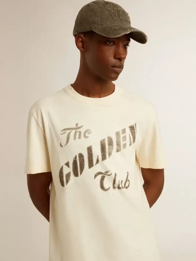 T-shirt da uomo in cotone bianco invecchiato con stampa dorata T-shirt da uomo in cotone bianco invecchiato con stampa dorata