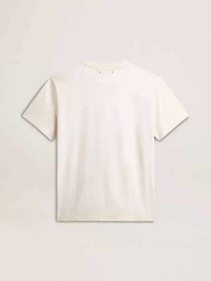 T-shirt da uomo in cotone bianco invecchiato con stampa dorata T-shirt da uomo in cotone bianco invecchiato con stampa dorata