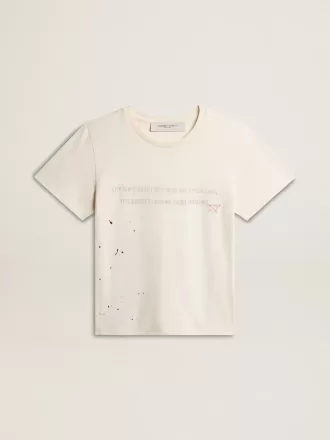 T-shirt da uomo in cotone bianco invecchiato con stampa e ricamo T-shirt da uomo in cotone bianco invecchiato con stampa e ricamo