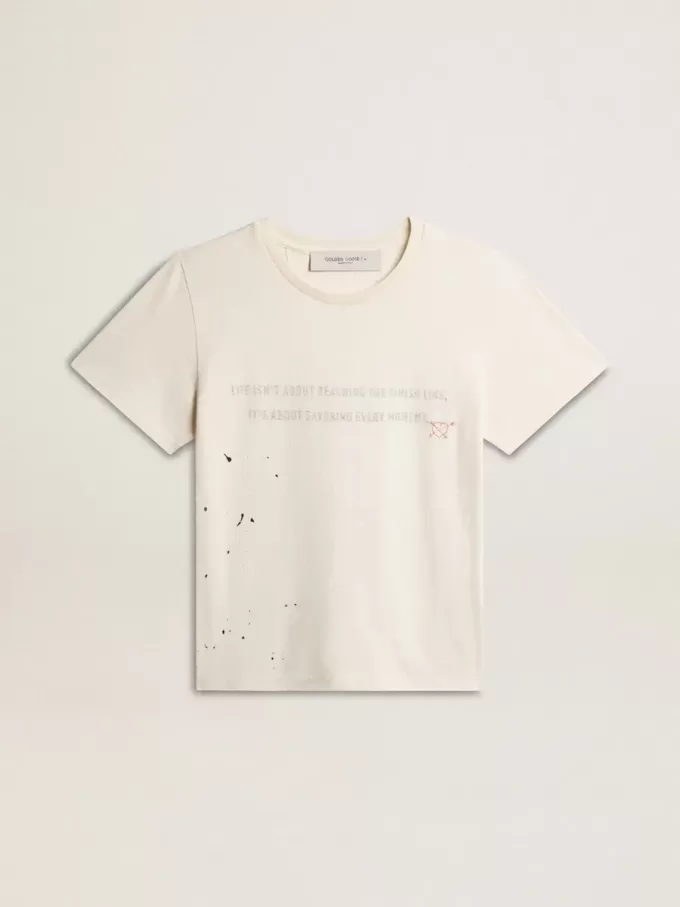 T-shirt da uomo in cotone bianco invecchiato con stampa e ricamo T-shirt da uomo in cotone bianco invecchiato con stampa e ricamo