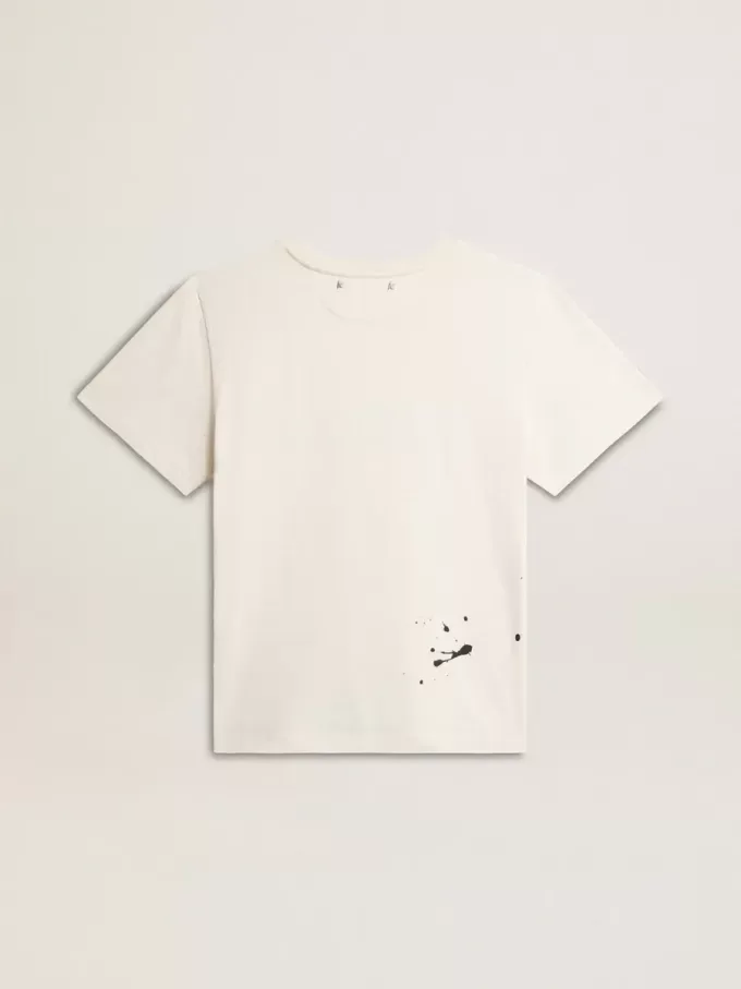 T-shirt da uomo in cotone bianco invecchiato con stampa e ricamo T-shirt da uomo in cotone bianco invecchiato con stampa e ricamo