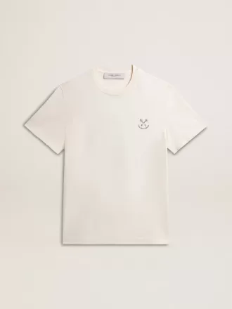 T-shirt da uomo in cotone bianco invecchiato con stampa sul cuore