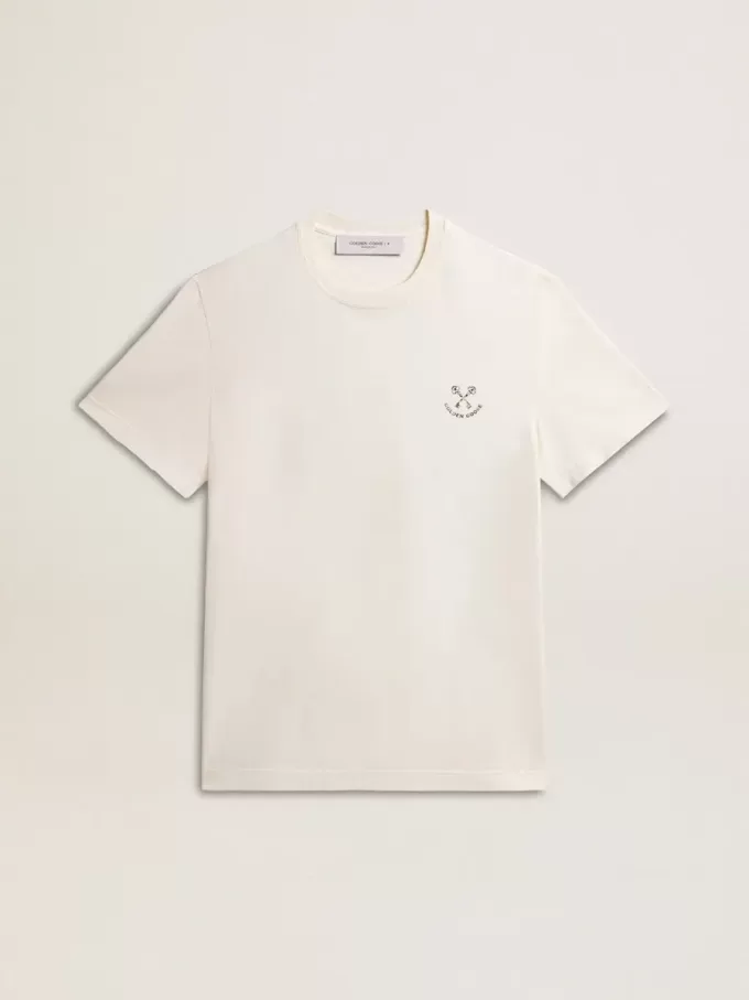 T-shirt da uomo in cotone bianco invecchiato con stampa sul cuore