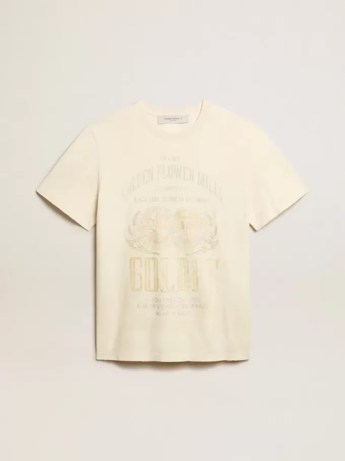 T-shirt da uomo in cotone bianco invecchiato con stampa sul davanti T-shirt da uomo in cotone bianco invecchiato con stampa sul davanti