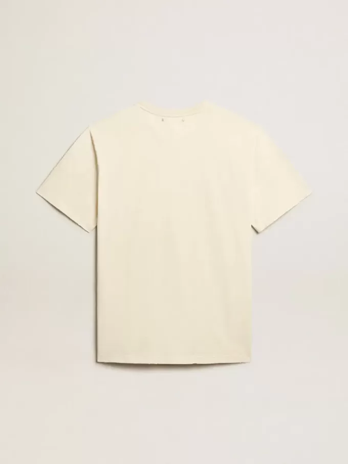 T-shirt da uomo in cotone bianco invecchiato con stampa sul davanti T-shirt da uomo in cotone bianco invecchiato con stampa sul davanti
