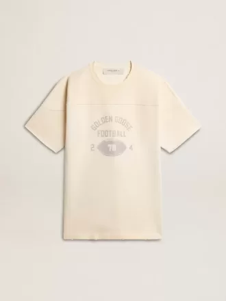 T-shirt da uomo in cotone bianco vintage con bordo grezzo sul davanti T-shirt da uomo in cotone bianco vintage con bordo grezzo sul davanti