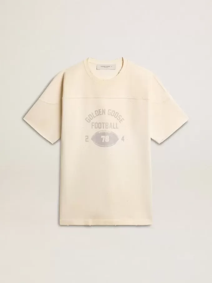 T-shirt da uomo in cotone bianco vintage con bordo grezzo sul davanti T-shirt da uomo in cotone bianco vintage con bordo grezzo sul davanti