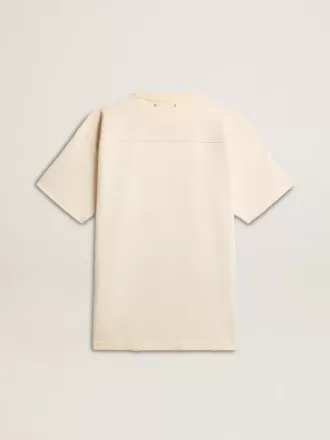 T-shirt da uomo in cotone bianco vintage con bordo grezzo sul davanti T-shirt da uomo in cotone bianco vintage con bordo grezzo sul davanti