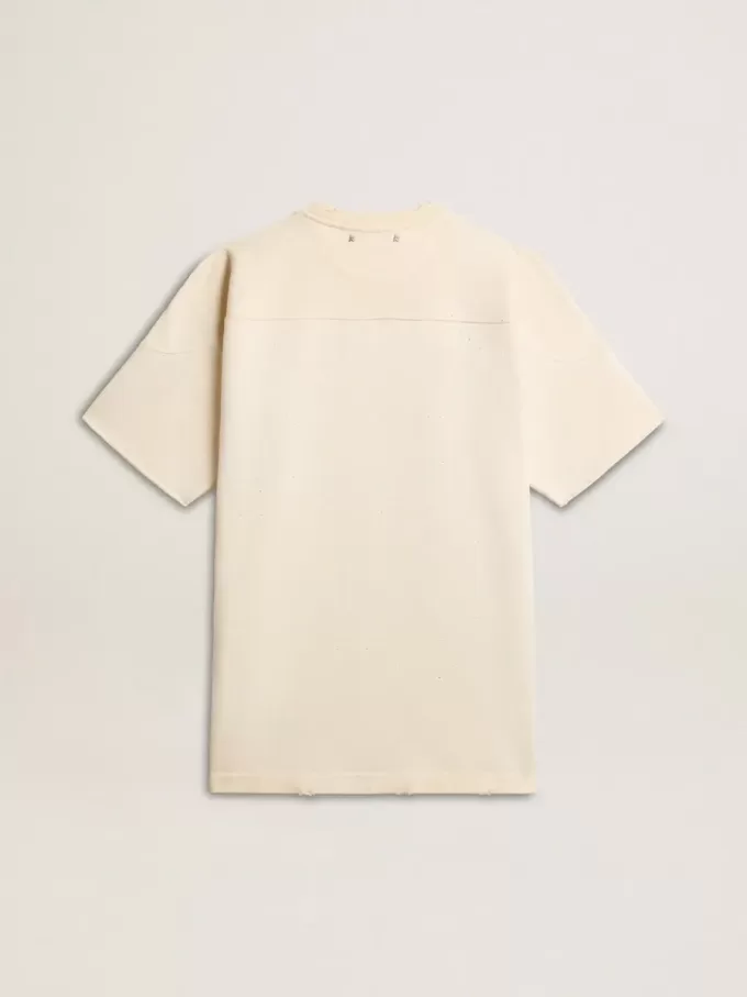 T-shirt da uomo in cotone bianco vintage con bordo grezzo sul davanti T-shirt da uomo in cotone bianco vintage con bordo grezzo sul davanti