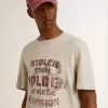 T-shirt da uomo in cotone grigio con stampa vintage sul davanti T-shirt da uomo in cotone grigio con stampa vintage sul davanti