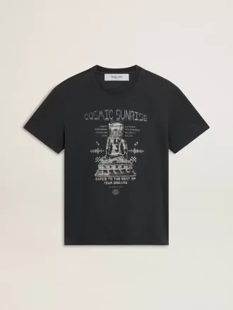 T-shirt da uomo in cotone nero consumato con stampa sul davanti