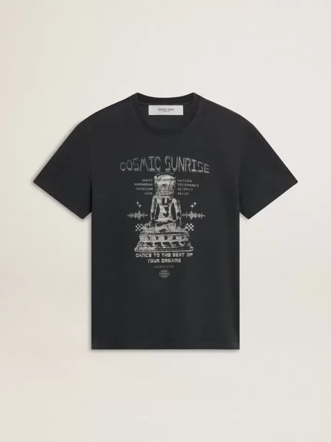 T-shirt da uomo in cotone nero consumato con stampa sul davanti T-shirt da uomo in cotone nero consumato con stampa sul davanti