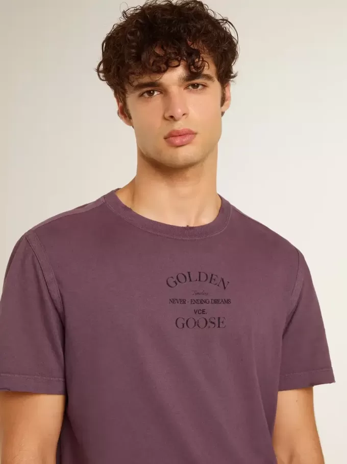 T-shirt da uomo in cotone viola consumato con stampa logo