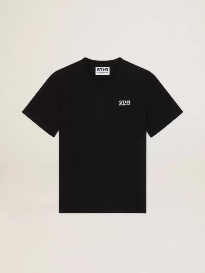 T-shirt da uomo nera con logo bianco a contrasto e stella T-shirt da uomo nera con logo bianco a contrasto e stella